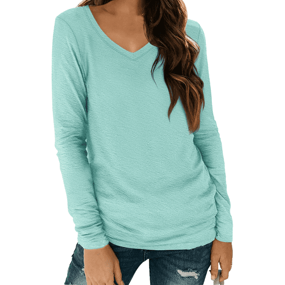 Fantaslook V Neck T Shirts for Women Long Sleeve Tops Solid Color Tee Casual Shirts