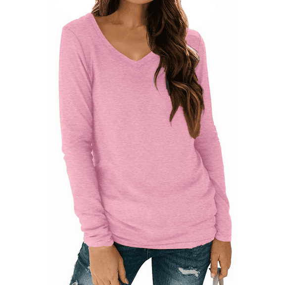 Fantaslook V Neck T Shirts for Women Long Sleeve Tops Solid Color Tee Casual Shirts