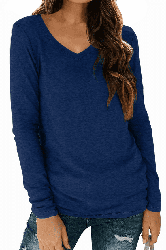 V Neck T Shirts for Women Long Sleeve Tops Solid Color Tee Casual Shirts