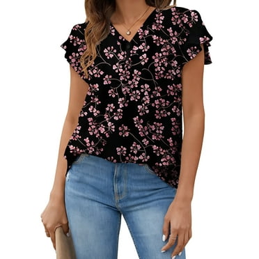 Fantaslook V Neck Womens Tops Dressy Ruffle Sleeve Shirts Button Up Tunic Summer Floral Blouses