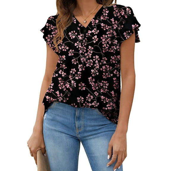 Fantaslook V Neck Womens Tops Dressy Ruffle Sleeve Shirts Button Up Tunic Summer Floral Blouses
