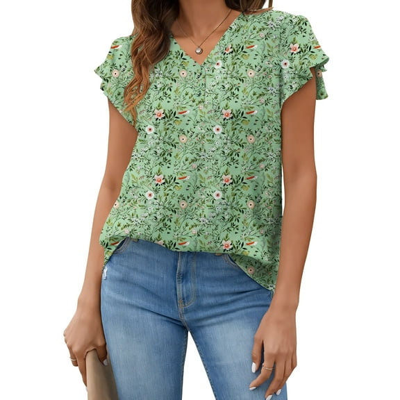 Fantaslook V Neck Womens Tops Dressy Ruffle Sleeve Shirts Button Up Tunic Summer Floral Blouses