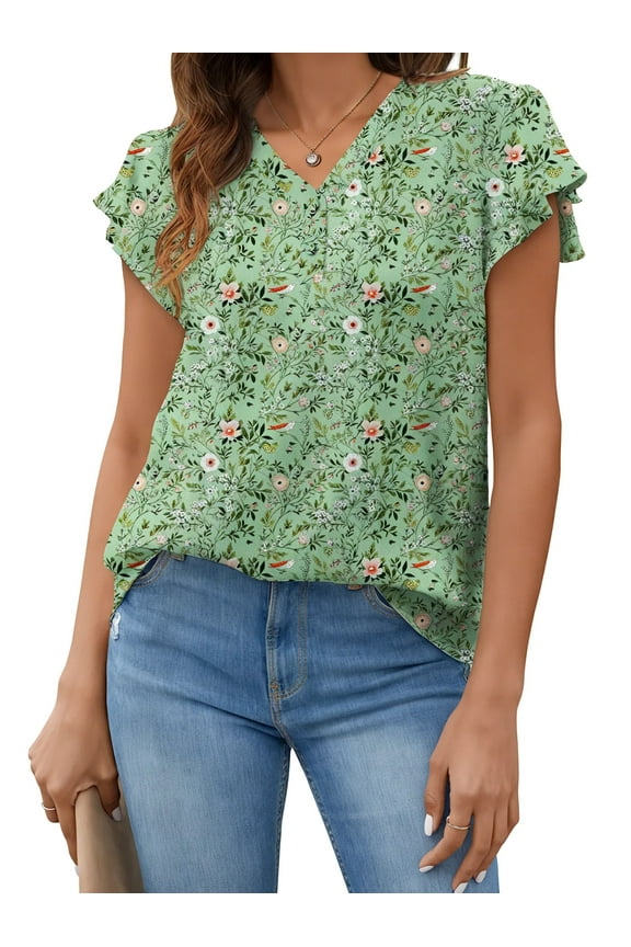 V Neck Womens Tops Dressy Ruffle Sleeve Shirts Button Up Tunic Summer Floral Blouses