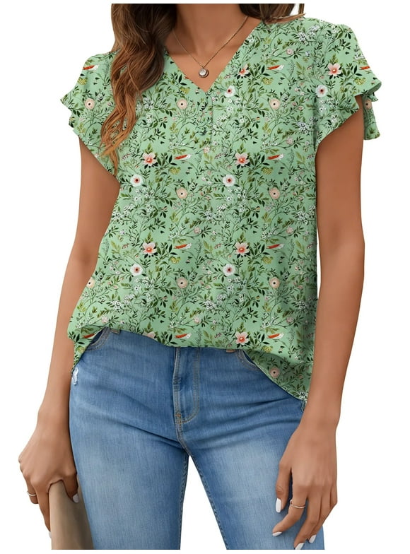 V Neck Womens Tops Dressy Ruffle Sleeve Shirts Button Up Tunic Summer Floral Blouses