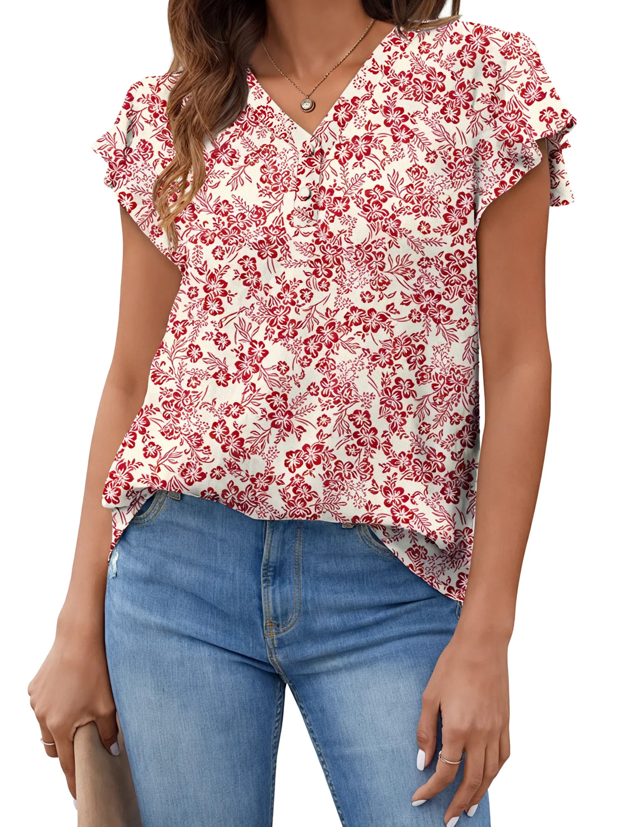Fantaslook V Neck Womens Tops, Ruffle Sleeve Button Up Tunic ...