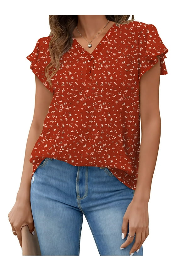 V Neck Womens Tops Dressy Ruffle Sleeve Shirts Button Up Tunic Summer Floral Blouses