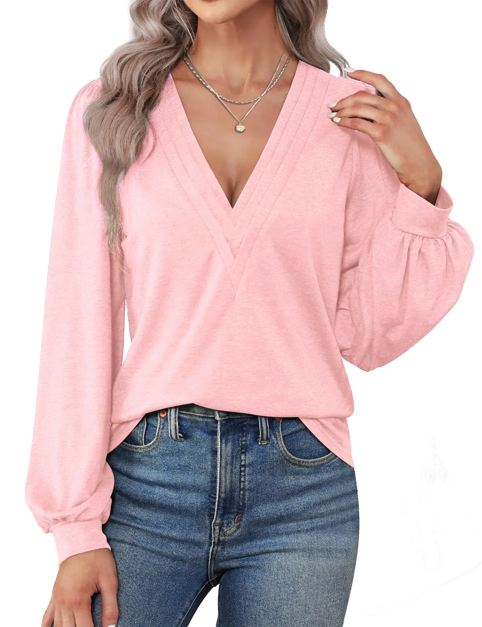 Fantaslook Deep V Neck Womens Tops Fall Long Puff Sleeve Shirts Dressy ...