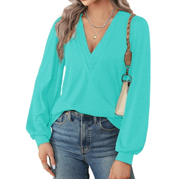 Fantaslook Deep V Neck Womens Tops Fall Long Puff Sleeve Shirts Dressy Casual Tunic Blouses