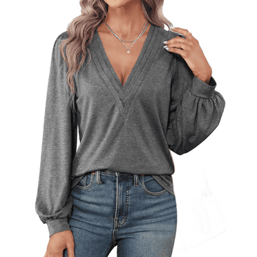 Fantaslook V Neck Womens Tops Fall Long Puff Sleeve Shirts Dressy Casual Tunic Blouses