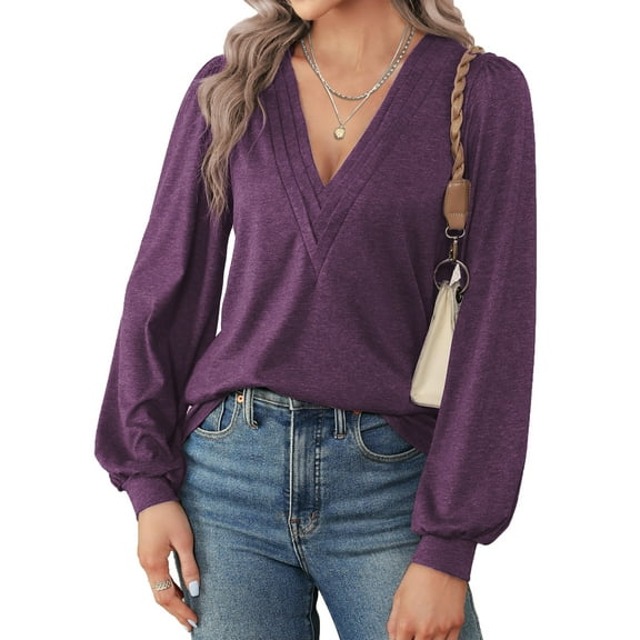 Fantaslook Deep V Neck Womens Tops Fall Long Puff Sleeve Shirts Dressy Casual Tunic Blouses