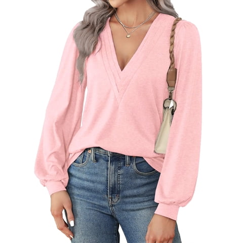 Deep V Neck Womens Tops Fall Long Puff Sleeve Shirts Dressy Casual Tunic Blouses