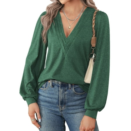 Fantaslook Deep V Neck Womens Tops Fall Long Puff Sleeve Shirts Dressy Casual Tunic Blouses