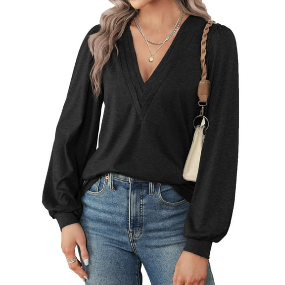 Fantaslook Deep V Neck Womens Tops Fall Long Puff Sleeve Shirts Dressy Casual Tunic Blouses