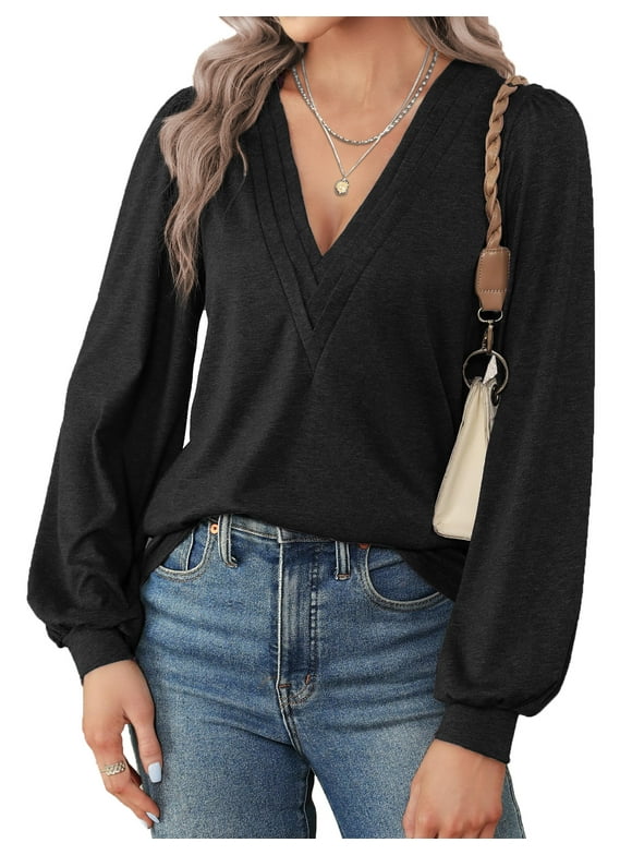 Deep V Neck Womens Tops Fall Long Puff Sleeve Shirts Dressy Casual Tunic Blouses