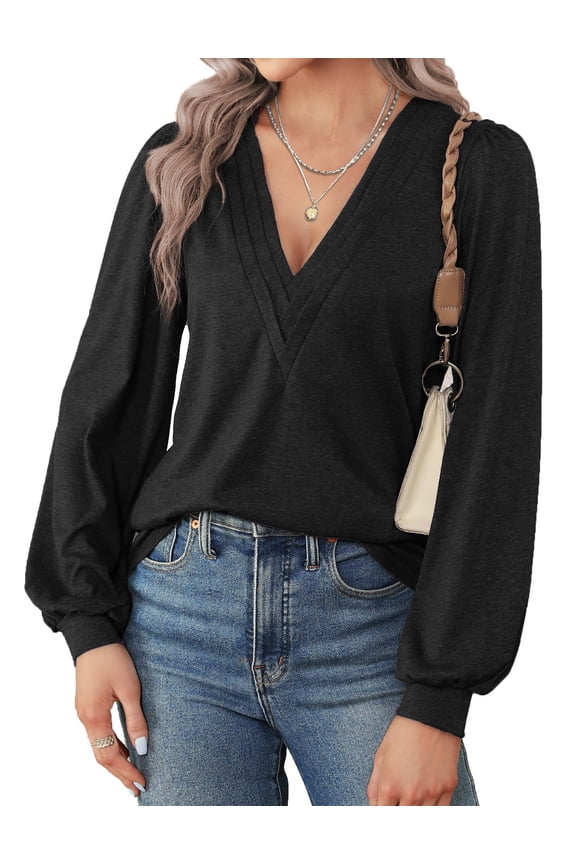 Deep V Neck Womens Tops Fall Long Puff Sleeve Shirts Dressy Casual Tunic Blouses