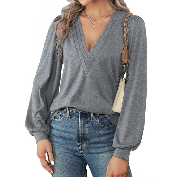 Fantaslook Deep V Neck Womens Tops Fall Long Puff Sleeve Shirts Dressy Casual Tunic Blouses