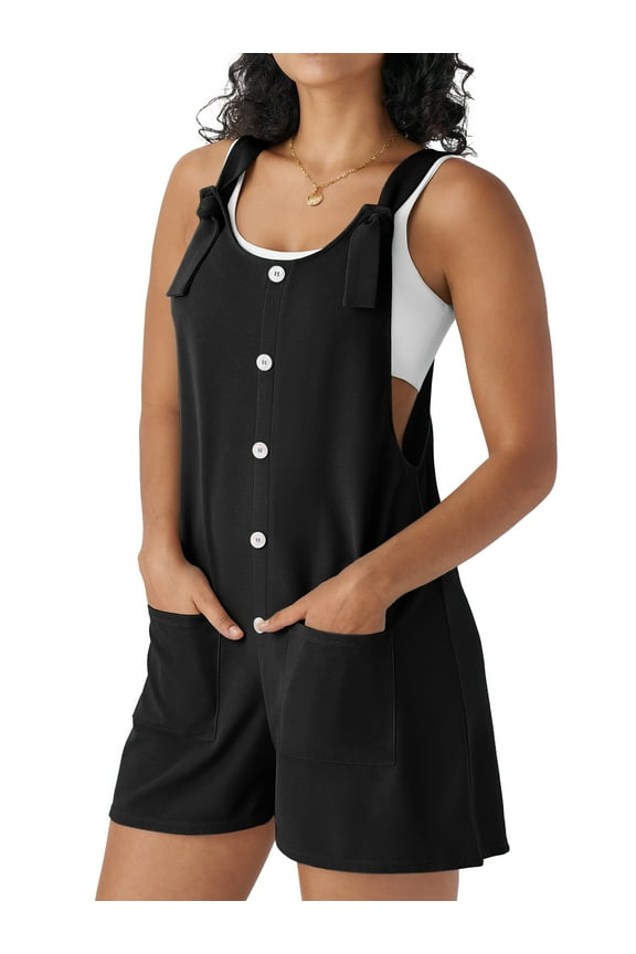 Waffle Jumpsuits for Women Summer Trendy Button Sleeveless Romper Ajustable Strap Shorts Overalls with Pockets