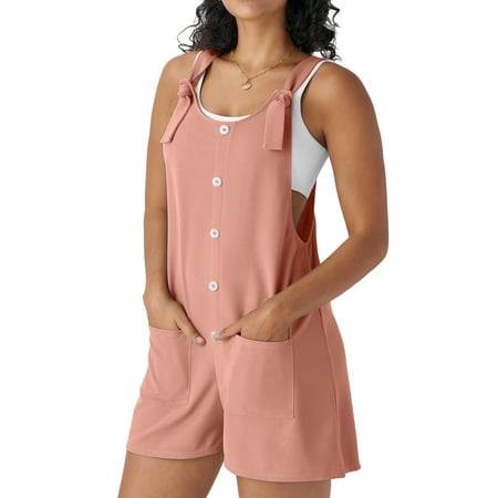Fantaslook Waffle Jumpsuits for Women Summer Trendy Button Sleeveless Romper Ajustable Strap Shorts Overalls with Pockets