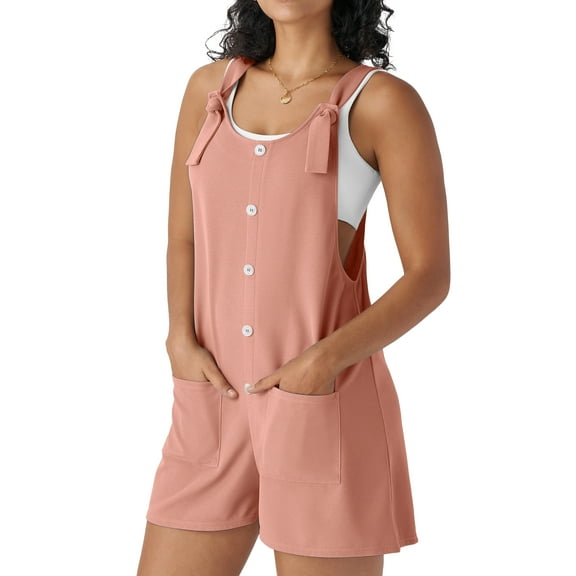 Fantaslook Waffle Jumpsuits for Women Summer Trendy Button Sleeveless Romper Ajustable Strap Shorts Overalls with Pockets