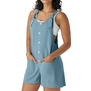 Fantaslook Waffle Jumpsuits for Women Summer Trendy Button Sleeveless Romper Ajustable Strap Shorts Overalls with Pockets