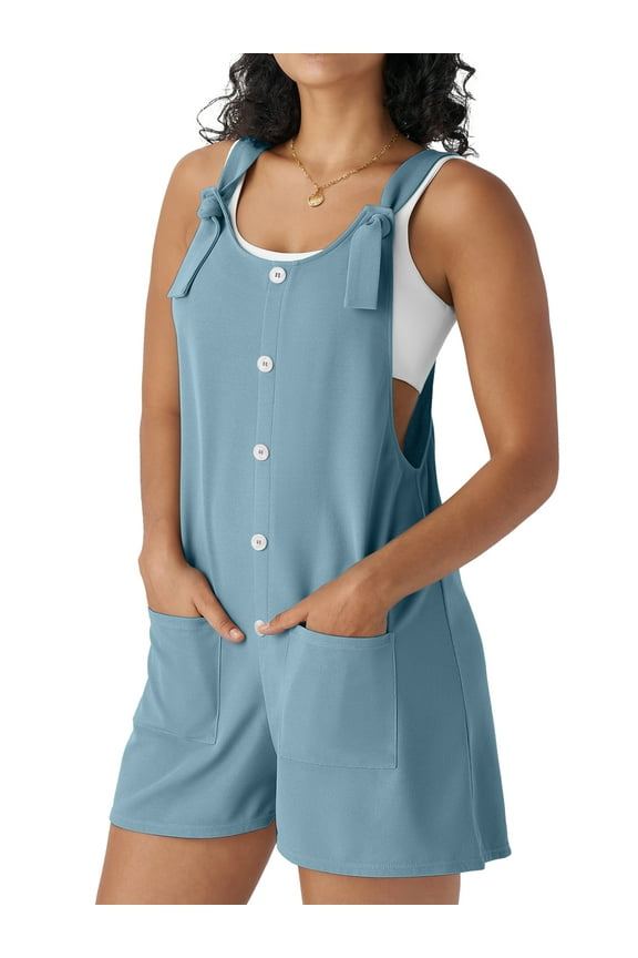 Waffle Jumpsuits for Women Summer Trendy Button Sleeveless Romper Ajustable Strap Shorts Overalls with Pockets