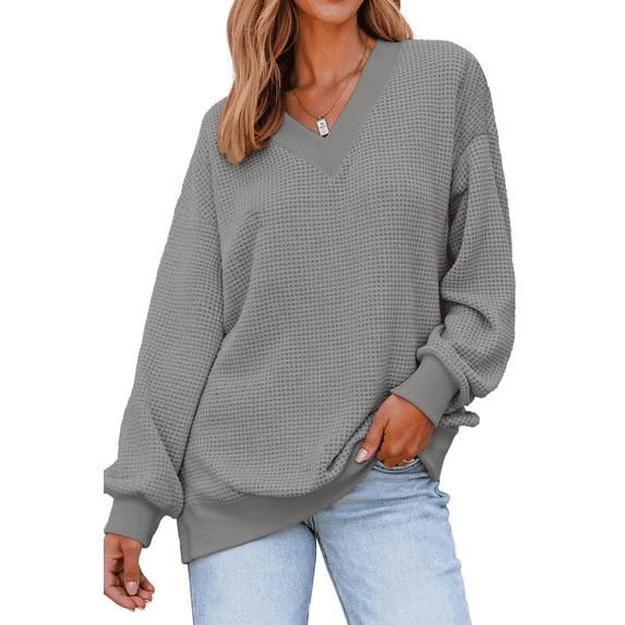 Fantaslook Waffle Knit Sweatshirts for Women Long Sleeve V Neck Sweater Shirts Pullover Casual Outfits Fall Tops