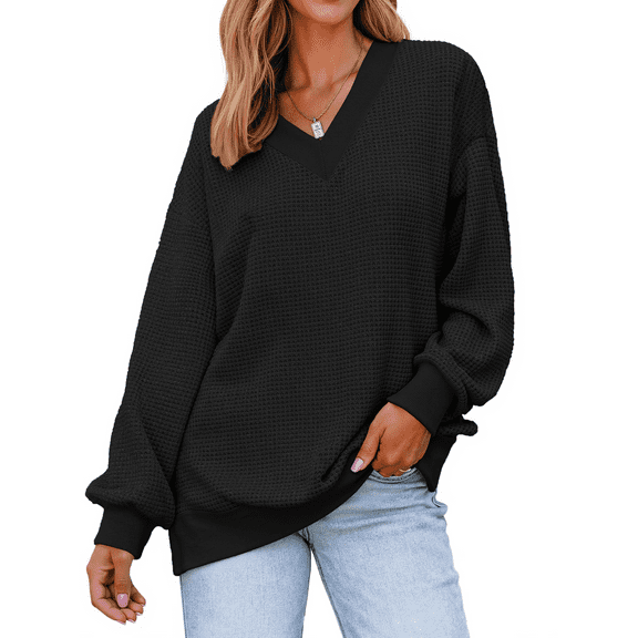 Fantaslook Waffle Knit Womens Sweatshirts Long Sleeve V Neck Shirts Pullover Casual Outfits Loose Fall Tops