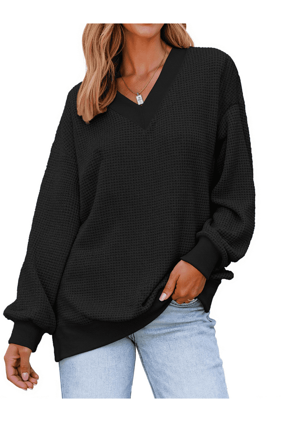 Waffle Knit Womens Sweatshirts Long Sleeve V Neck Shirts Pullover Casual Outfits Loose Fall Tops