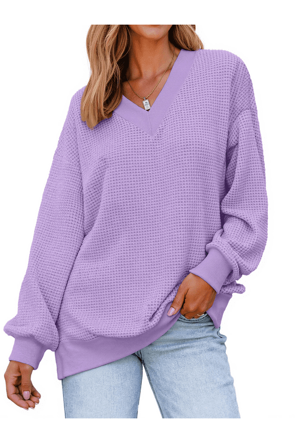 Waffle Knit Womens Sweatshirts Long Sleeve V Neck Shirts Pullover Casual Outfits Loose Fall Tops