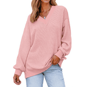 FANTASLOOK Waffle Knit Womens Sweatshirts Long Sleeve V Neck Shirts Pullover Casual Outfits Loose Fall Tops