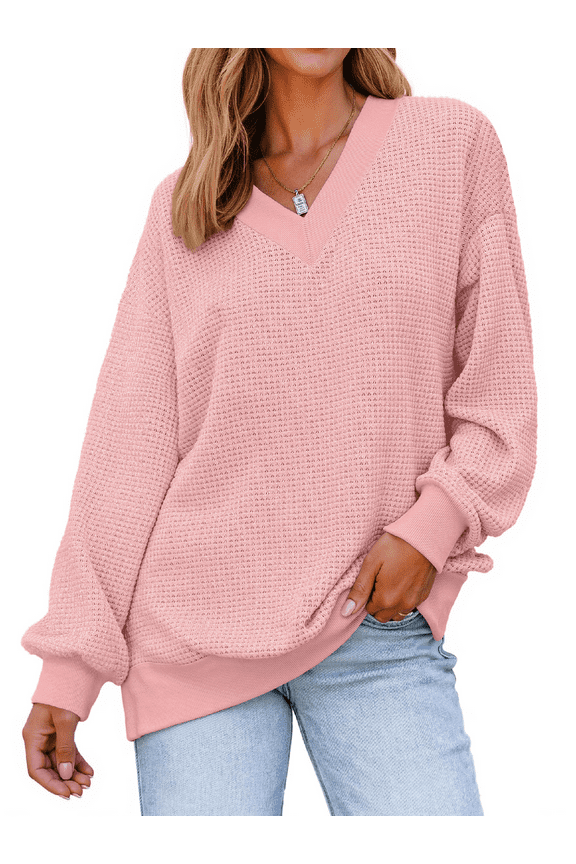 Waffle Knit Womens Sweatshirts Long Sleeve V Neck Shirts Pullover Casual Outfits Loose Fall Tops