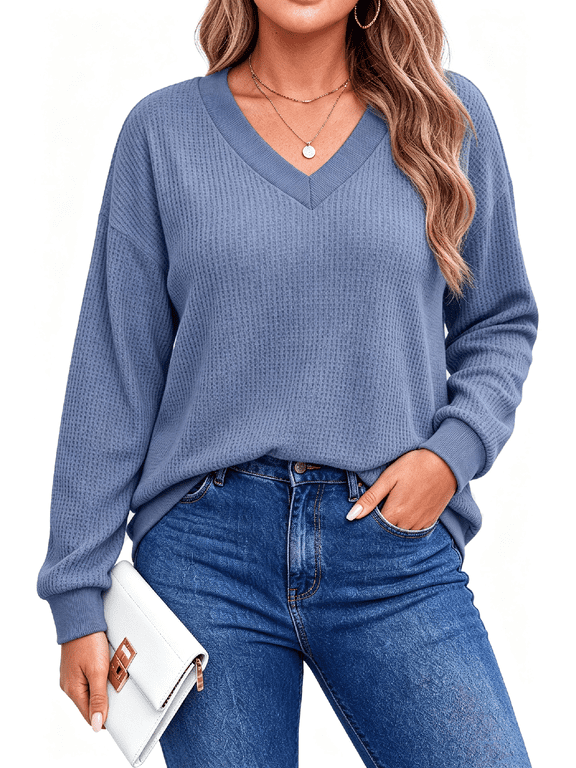 Waffle Knit Sweatshirts for Women Long Sleeve V Neck Sweater Shirts Pullover Casual Outfits Plus Size Fall Tops
