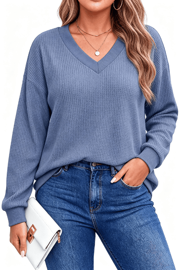 Waffle Knit Sweatshirts for Women Long Sleeve V Neck Sweater Shirts Pullover Casual Outfits Plus Size Fall Tops