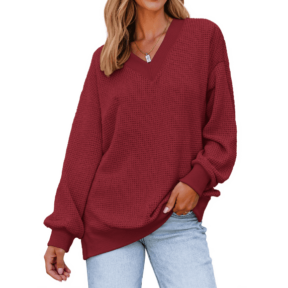 Fantaslook Waffle Knit Womens Sweatshirts Long Sleeve V Neck Shirts Pullover Casual Outfits Loose Fall Tops