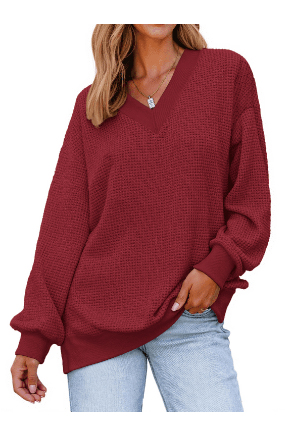 Waffle Knit Womens Sweatshirts Long Sleeve V Neck Shirts Pullover Casual Outfits Loose Fall Tops