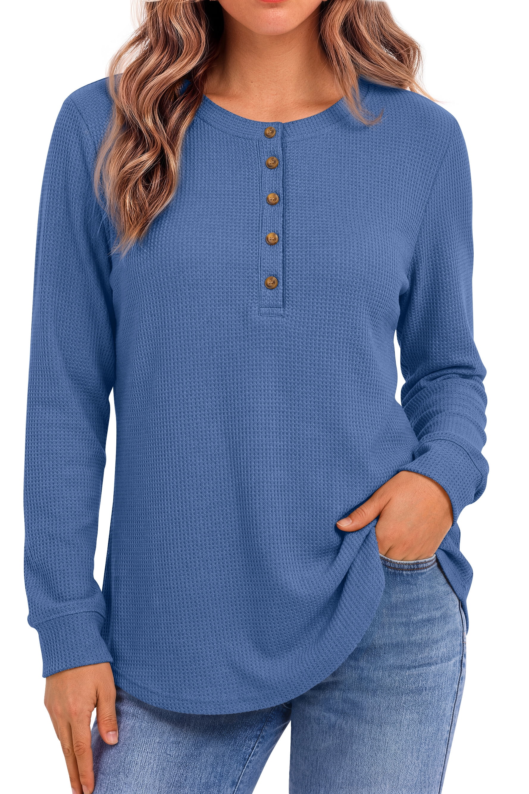 Fantaslook Waffle Long Sleeve Shirts for Women Button Up V Neck Henley ...
