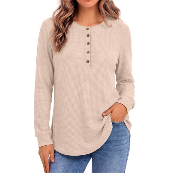 Fantaslook Waffle Long Sleeve Shirts for Women Button Up V Neck Henley Blouses Dressy Casual Fall Tops