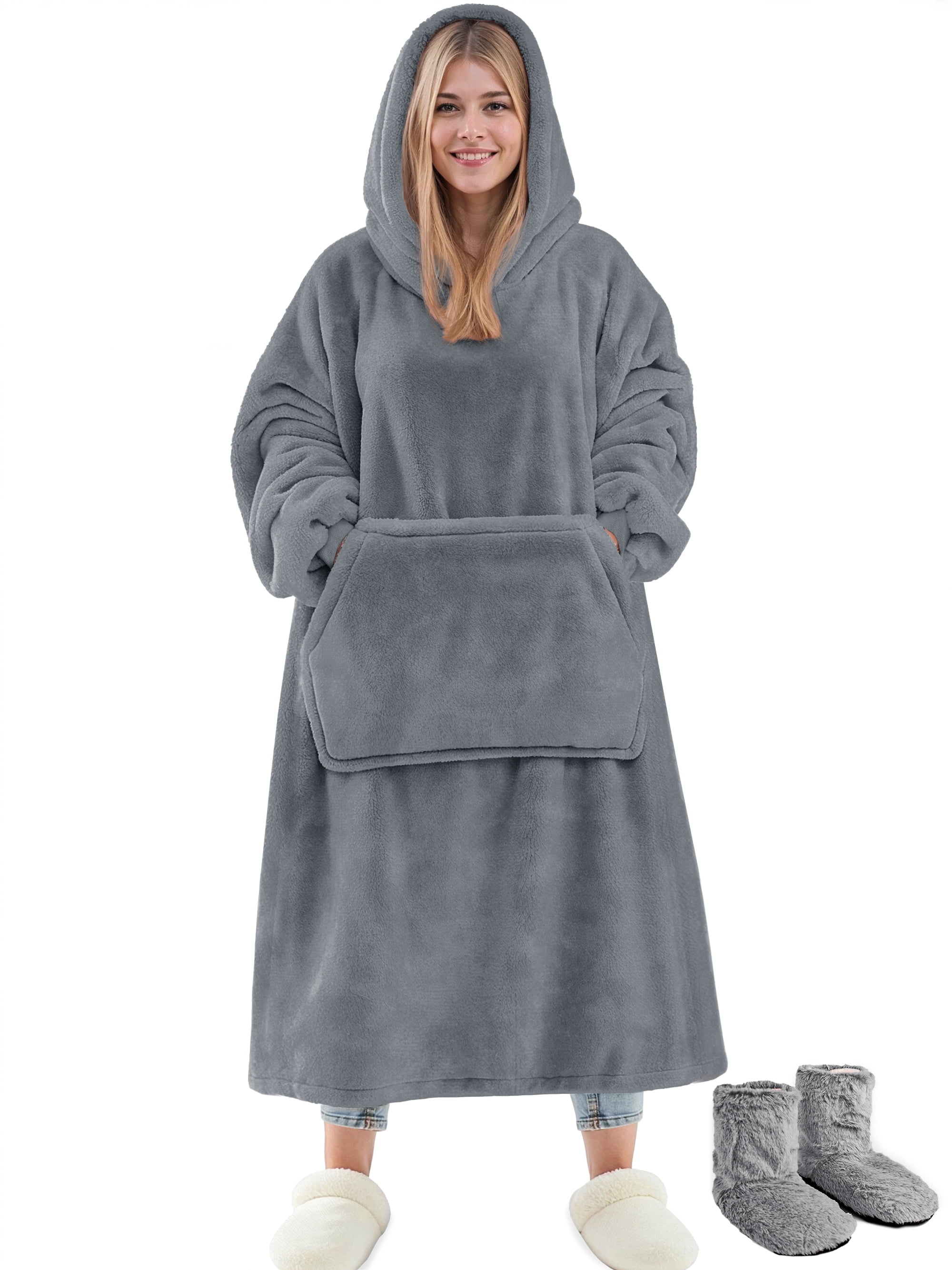 Fantaslook Wearable Blanket Hoodie Sweatshirt for Women and Men, Warm and Cozy Blanket Hoodie, Flannel Blanket with Sleeves and Giant Pocket