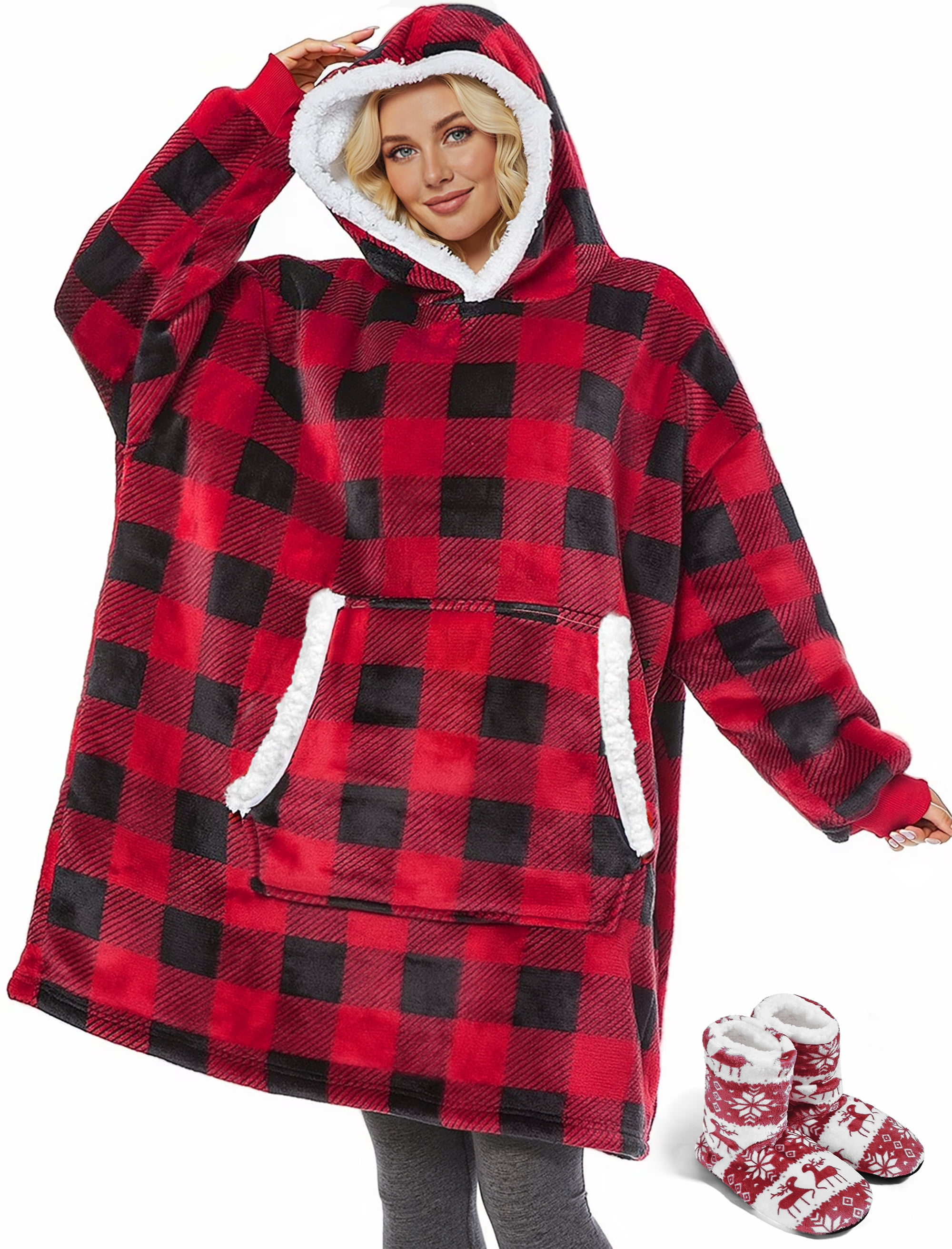 Fantaslook Wearable Blanket Hoodie for Women and Men, Oversized Sherpa Fleece Blanket Sweatshirt with Sleeves & Pocket