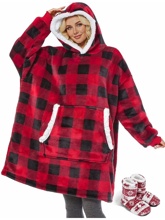 Wearable Blanket Hoodie for Women and Men, Oversized Sherpa Fleece Blanket Sweatshirt with Sleeves & Pocket