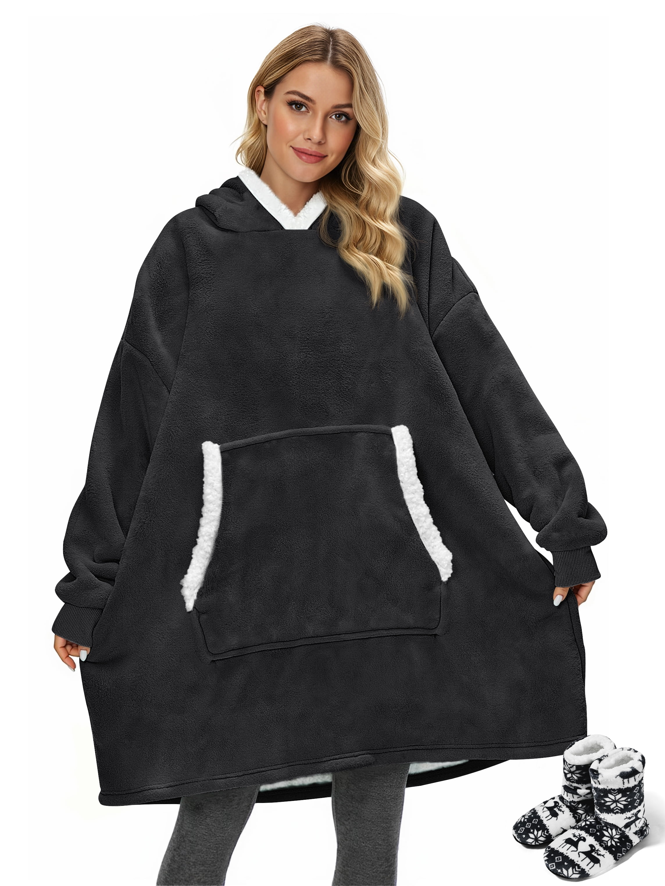 Fantaslook Wearable Blanket Hoodie for Women and Men, Oversized Sherpa Fleece Blanket Sweatshirt with Sleeves & Pocket