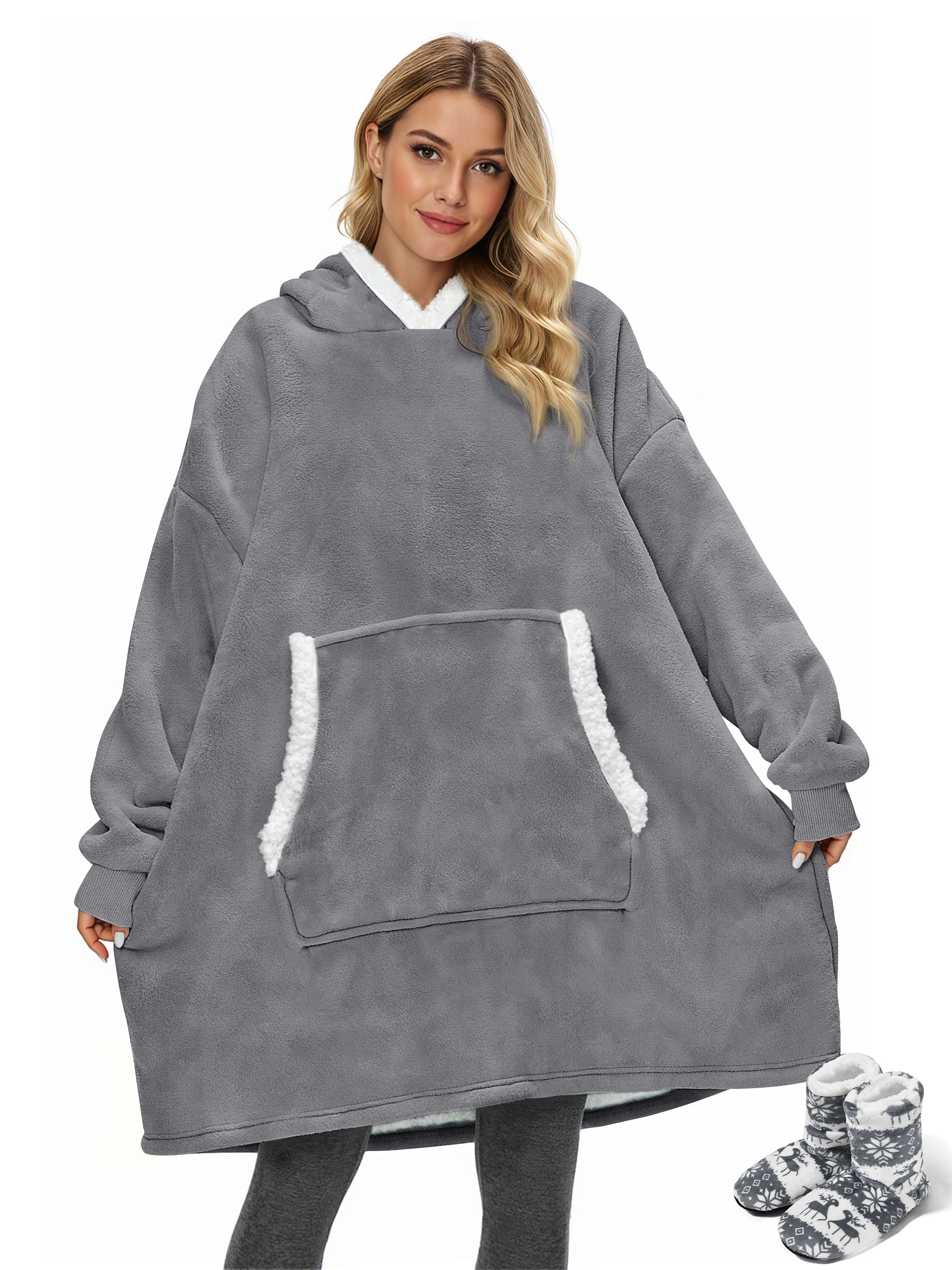 Fantaslook Wearable Blanket Hoodie for Women and Men, Oversized Sherpa Fleece Blanket Sweatshirt with Sleeves & Pocket