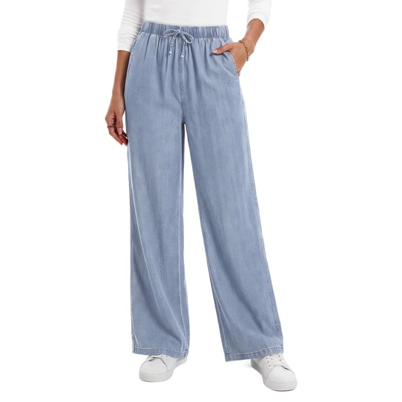 Fantaslook Wide Leg Jeans for Women Elastic High Waisted Drawstring Pants Pull On Baggy Soft Denim Pants with Pockets