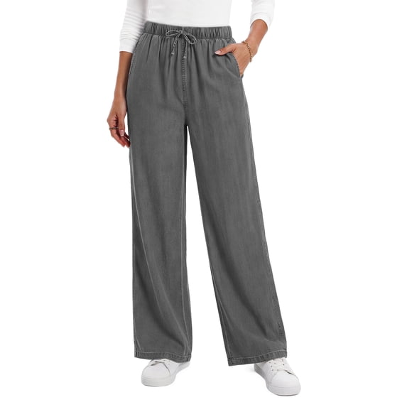 Fantaslook Wide Leg Jeans for Women Elastic High Waisted Drawstring Pants Pull On Baggy Soft Denim Pants with Pockets