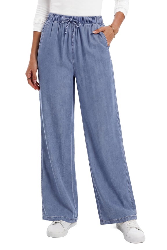 Wide Leg Jeans for Women Elastic High Waisted Drawstring Pants Pull On Baggy Soft Denim Pants with Pockets