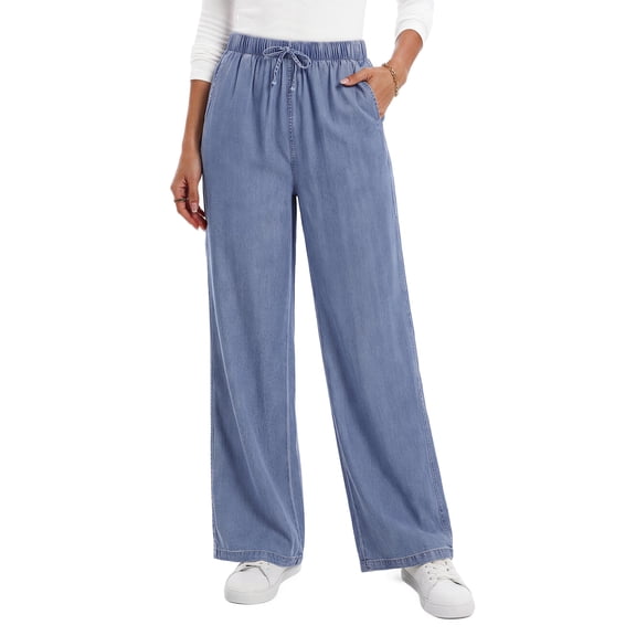 Fantaslook Wide Leg Jeans for Women Elastic High Waisted Drawstring Pants Pull On Baggy Soft Denim Pants with Pockets