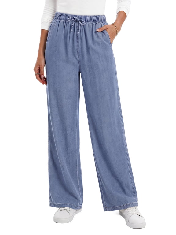 Wide Leg Jeans for Women Elastic High Waisted Drawstring Pants Pull On Baggy Soft Denim Pants with Pockets