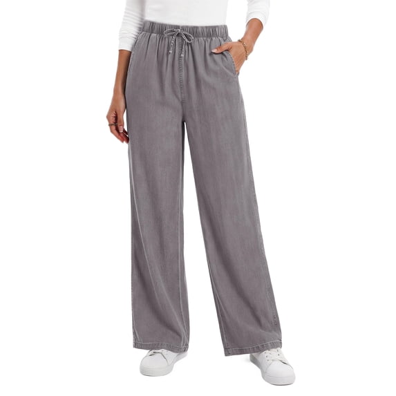 Fantaslook Wide Leg Jeans for Women Elastic High Waisted Drawstring Pants Pull On Baggy Soft Denim Pants with Pockets
