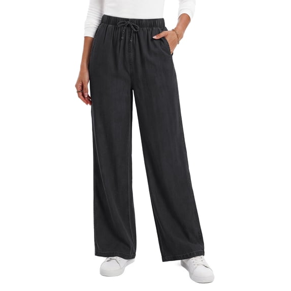 Fantaslook Wide Leg Jeans for Women Elastic High Waisted Drawstring Pants Pull On Baggy Soft Denim Pants with Pockets