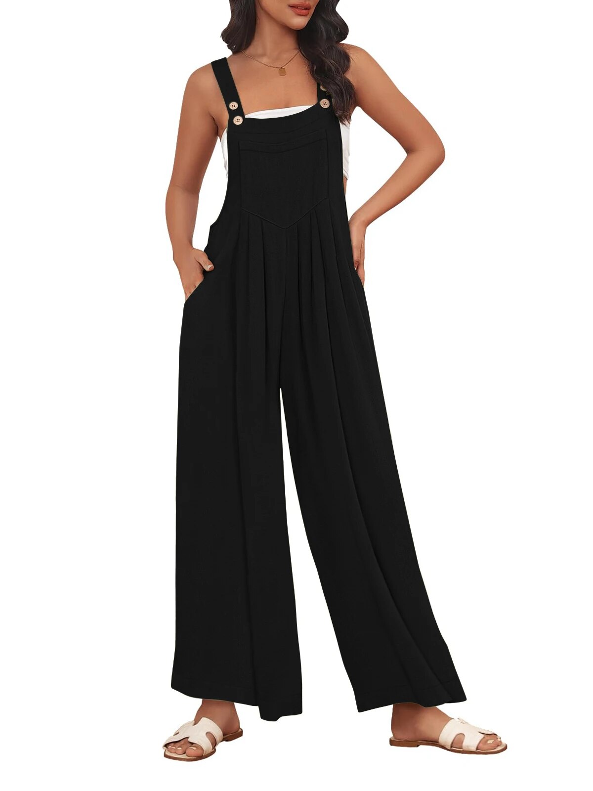 Womens Plus Size Jumpsuit Summer Beach Sleeveless Solid Color Casual Fashion Wide Leg Jumpsuit 4858